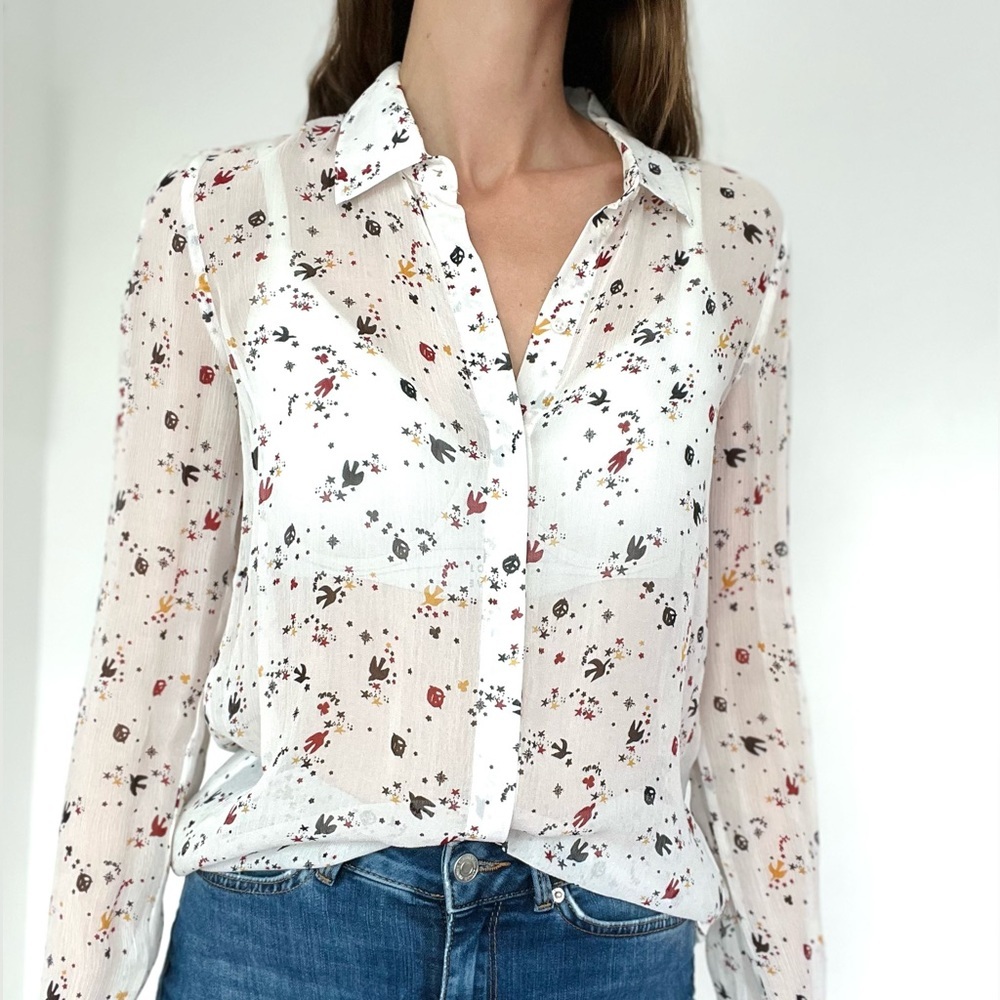 Maje White Sheer Floral Button-Down Blouse Size XS